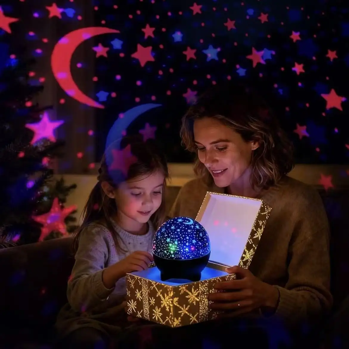 USB Plug Starry Sky Projector Light 7Modes LED Night Light Galaxy Moon Ambient Light for Kids Room Decor Christmas Birthday Gift