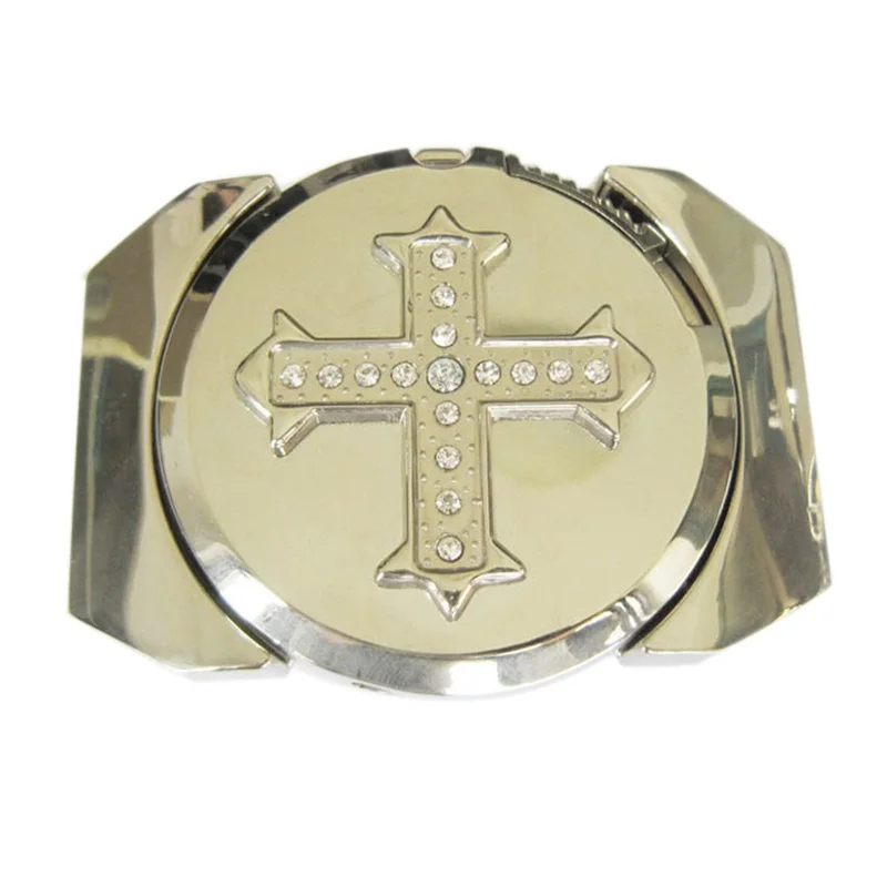 Bright Silver Rhinestone Cross Belt Buckle