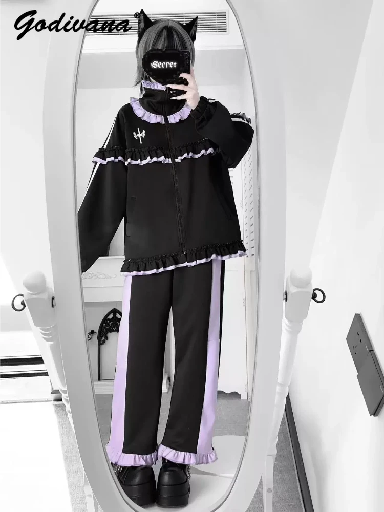 

Стильный комплект для девушек: худи на молнии с длинным рукавом в стиле Y2K и повседневные брюки. Женский спортивный костюм для весны и осени.