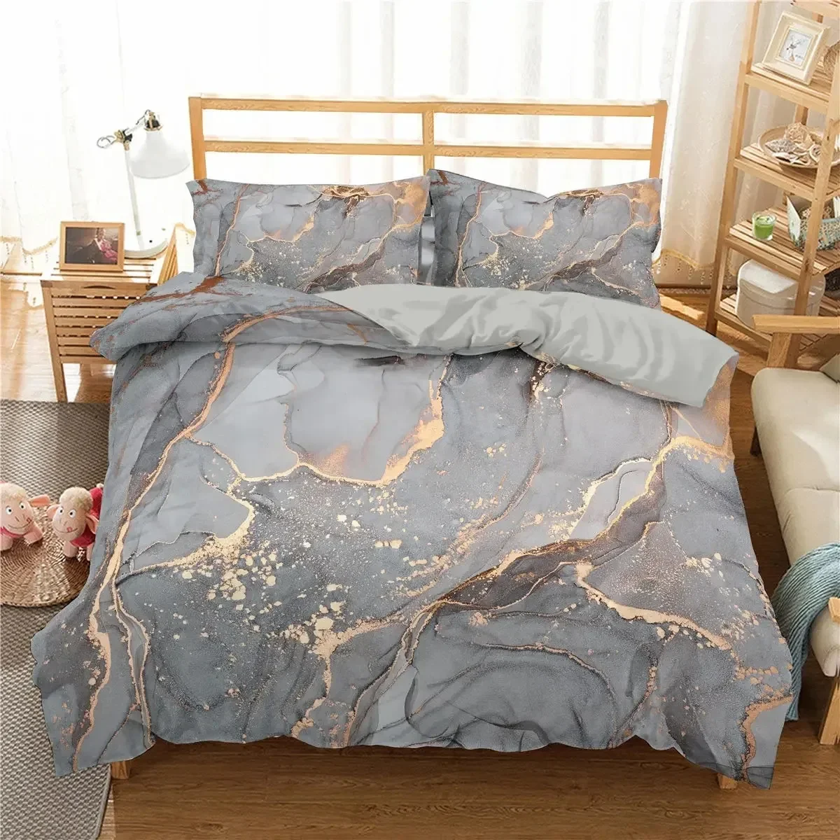 

Marble Bedding Set King_Queen Size,Grey Gold Marble Duvet Cover Men Adults Modern Abstract Art Tie Dye Gothic Soft Quilt Cover