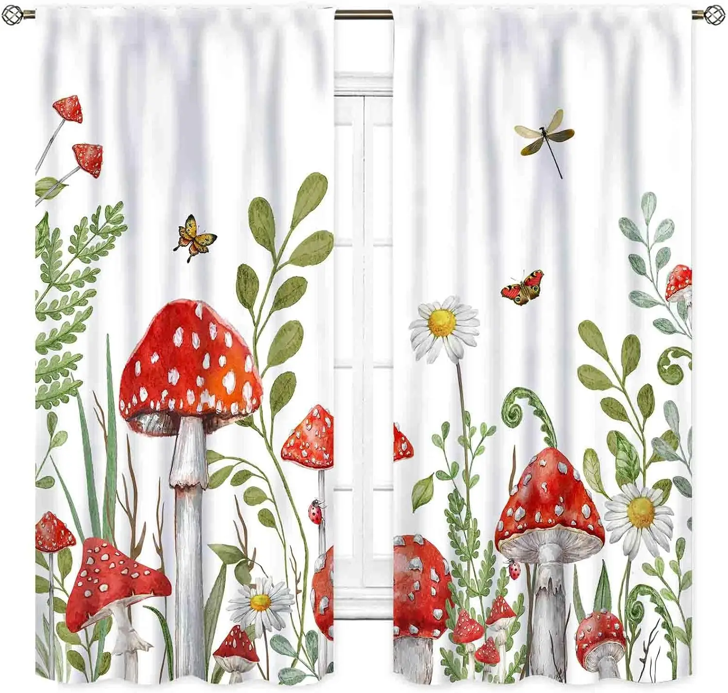 Watercolor Red Spotted Mushroom Daisy Butterfly Dragonfly Blackout Rod Pocket Curtain Green Plant Cute Kids Decor Bedroom Rest