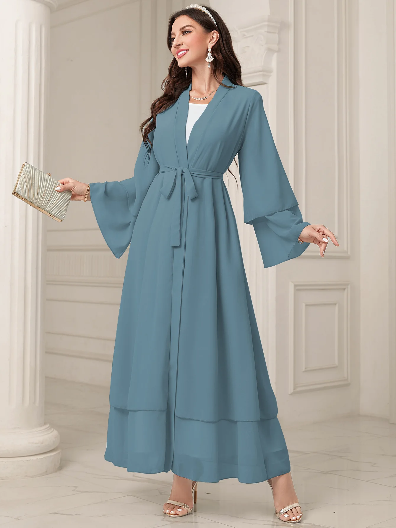 Faionable cor pura maxi dr tiras chiffon plus size longo robe ele v-ne saia linha a sle primavera commute wear
