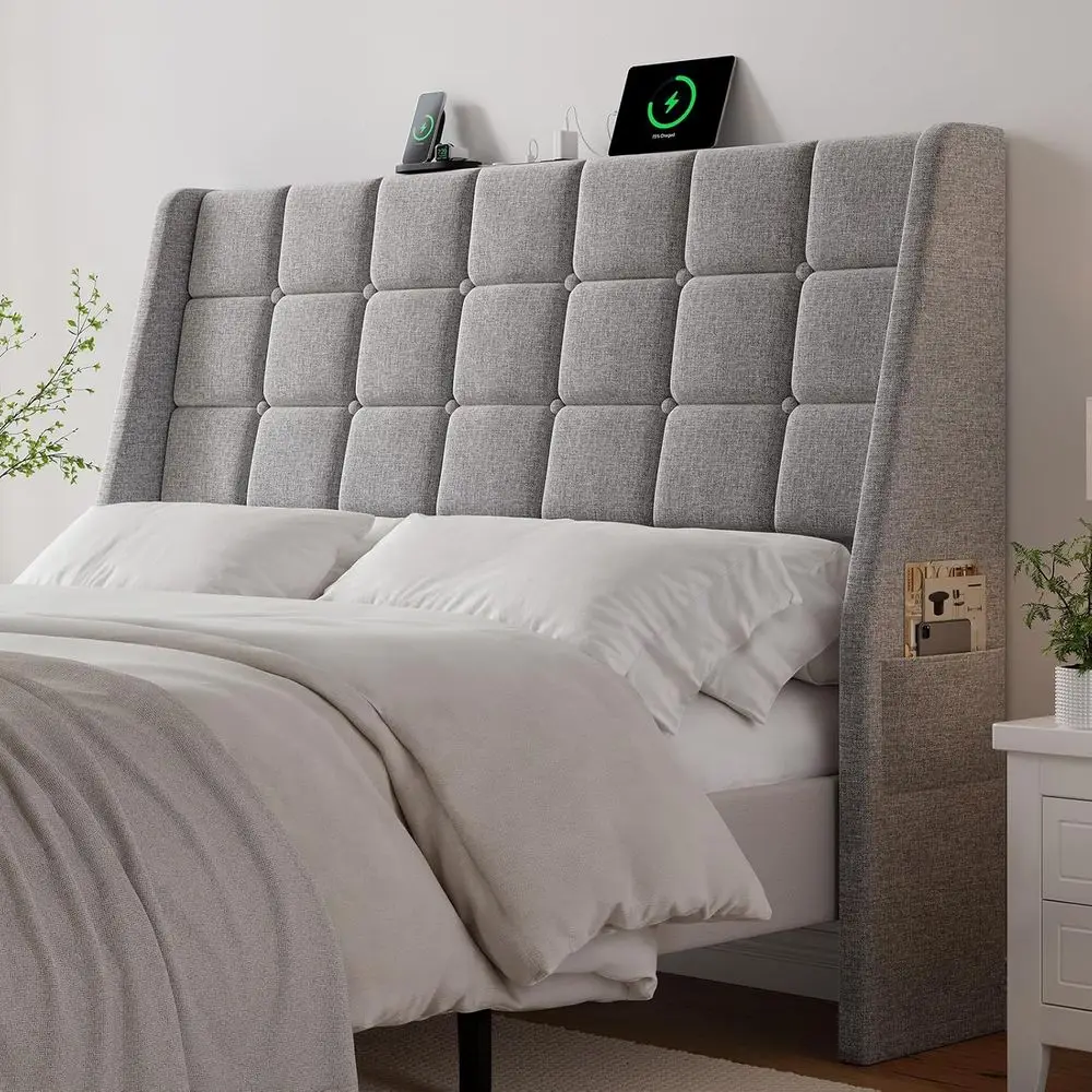 

Ergonomic Queen Upholstered Bed with Charging Station and Linen Wingback Storage, Grey