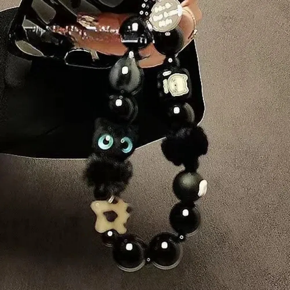 

Черный ремешок для мобильного телефона премиум-класса с защитой от потери веревки, ремешок на запястье, браслет из бисера, дизайн, автомобильный брелок с изображением кота, аксессуар для сумки