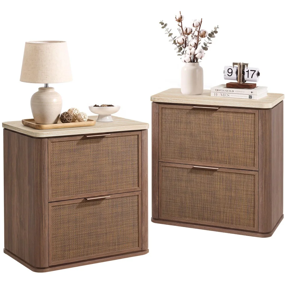 Night Stand Set 2, Rattan Nightstand with 2 Drawers 23.11