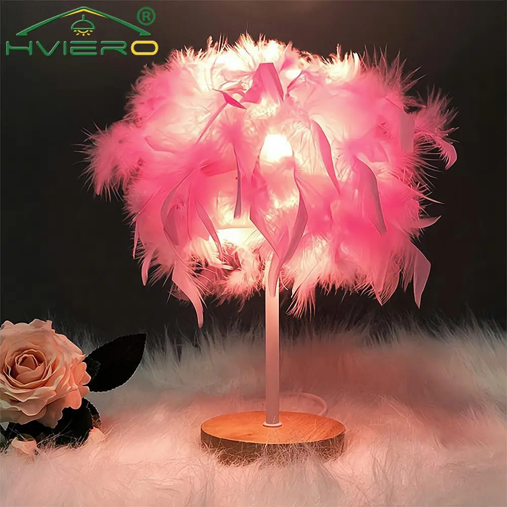 LED Warm Small Table Lamp Nordic Romantic Creative Feather Wedding Room Red Girl Bedroom Bedside Flashlight Night Reading Light