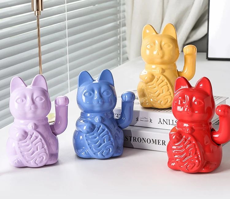 5.9 Inch Ceramic Lucky Cat Waving Arm Maneki Neko Beckoning Cat for Fortune Luck Wealth Prosperity Decoration Fengshui Ornament