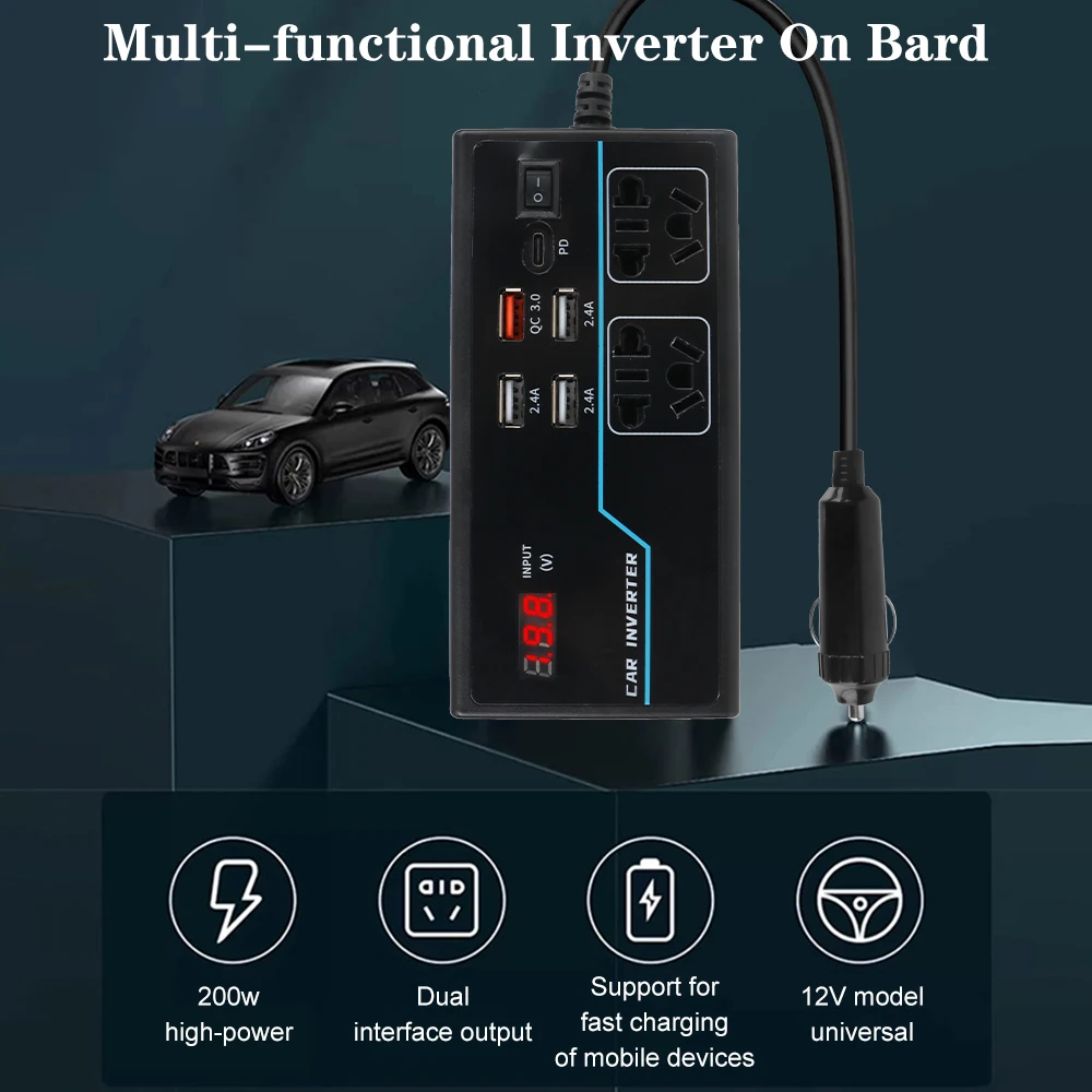 Car Inverter 8 Ports Sockets Power Adapter Overload Protection 200W USB/PD/Type-C Chargers DC 12V/24V to AC 110V/220V Converter