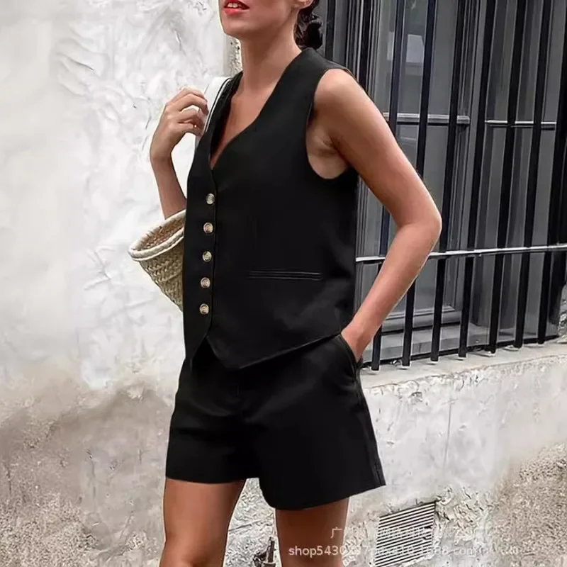 

Женский однобортный жилет с v-образным вырезом, куртка со средней талией и карманами, шорты, костюм 2024, весна-лето, новый однотонный полосатый костюм