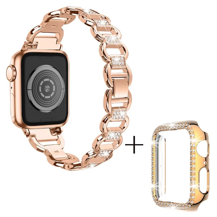 

For Apple Watch Series 1 / 2 / 3 42mm Oval Alloy Strap Rhinestones Decor Watch Band + PC Watch Case - Rose Gold