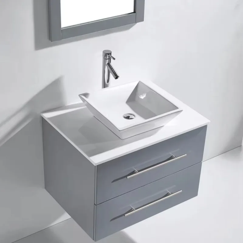 Modern Single Basin Storage Bathroom Furniture Wall Mounted Dark Grey Painted Wooden Bathroom Cabinet with Mirror