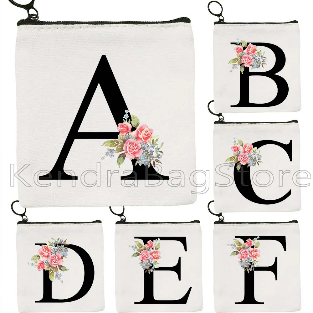 Botanical Monogram Floral Pink Rose Flowers Initial Letter English Alphabet Gifts Canvas Coin Purse Key Case Bag Wallet Pouch