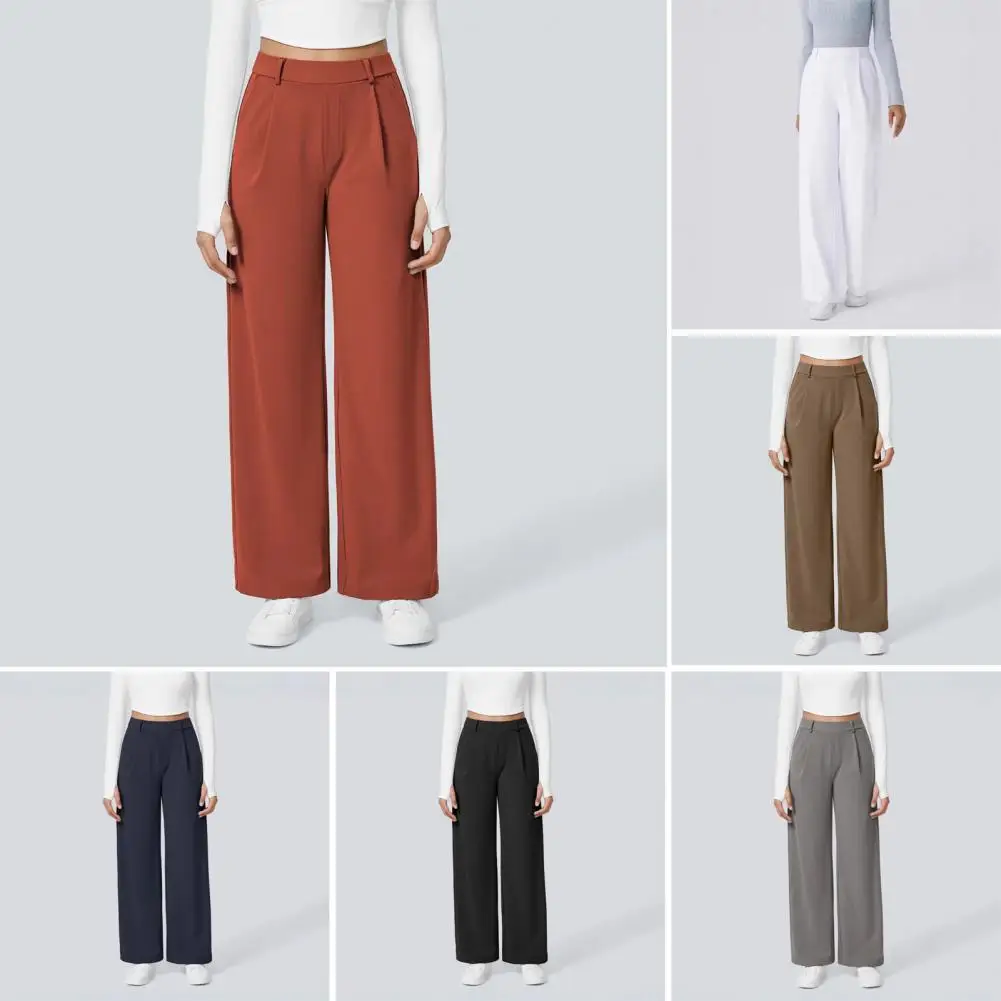 Elegant High Waist Wide Leg Trousers For Women, Wrinkle Free Casual Business Pants With Pockets
