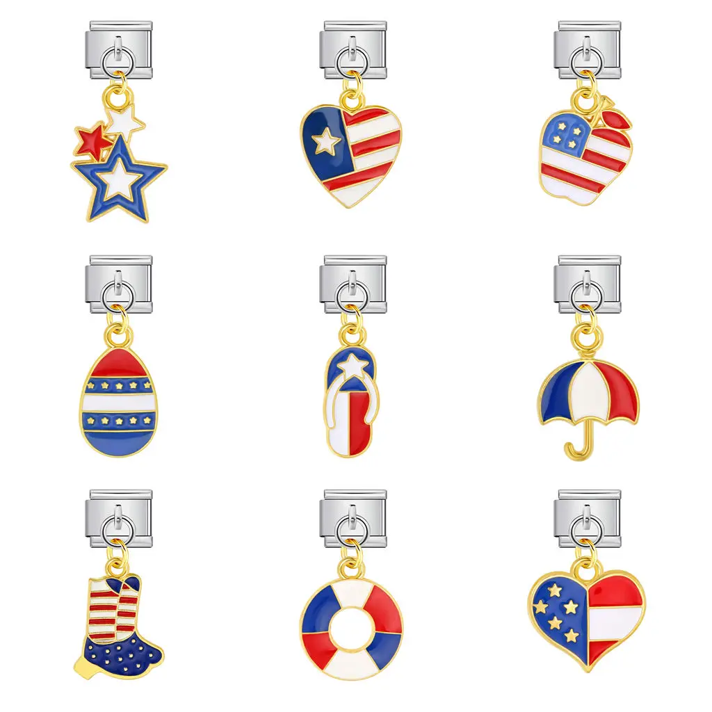 WG-pulsera Modular italiana de acero inoxidable, colgante de elementos del Día de la independencia con bandera americana, joyería Modular DIY, 1 ud.