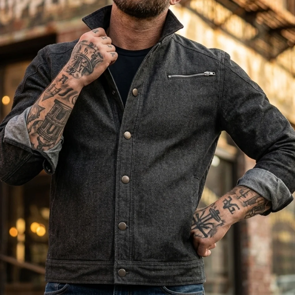 

Street Men's Denim Jacket Snowflake Wash Motorcycle Denim Top Zipper Cotton Coat Comfort Men's Street Wear Men