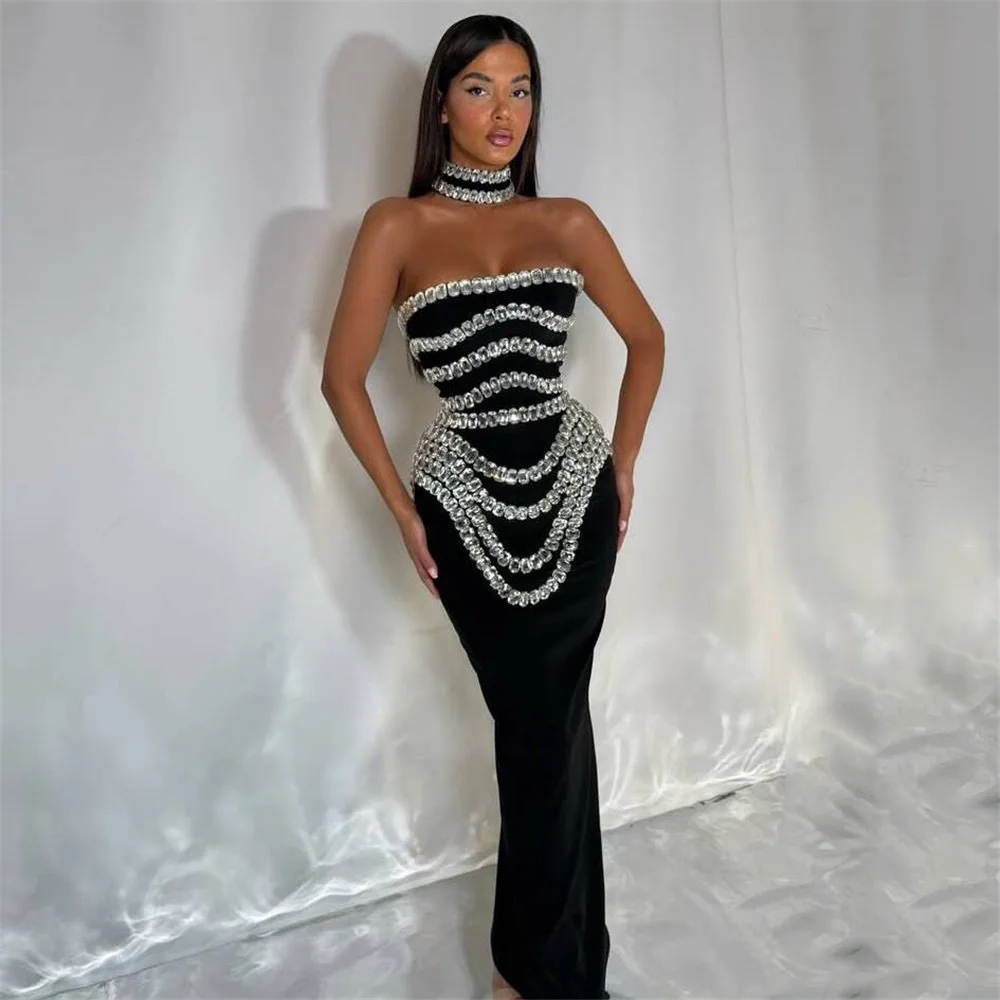 

Sexy Maxi Strapless Luxury Diamond Prom Bodycon Bandage Party Dress Sexy Black Runway Cocktail Celebrity Evening Club Dress