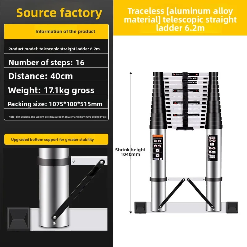 

Прочная односторонняя телескопическая лестница из алюминиевого сплава, бытовая лестница-стремянка с крюком и колесиками, лестница для подъема на чердак, долговечная.