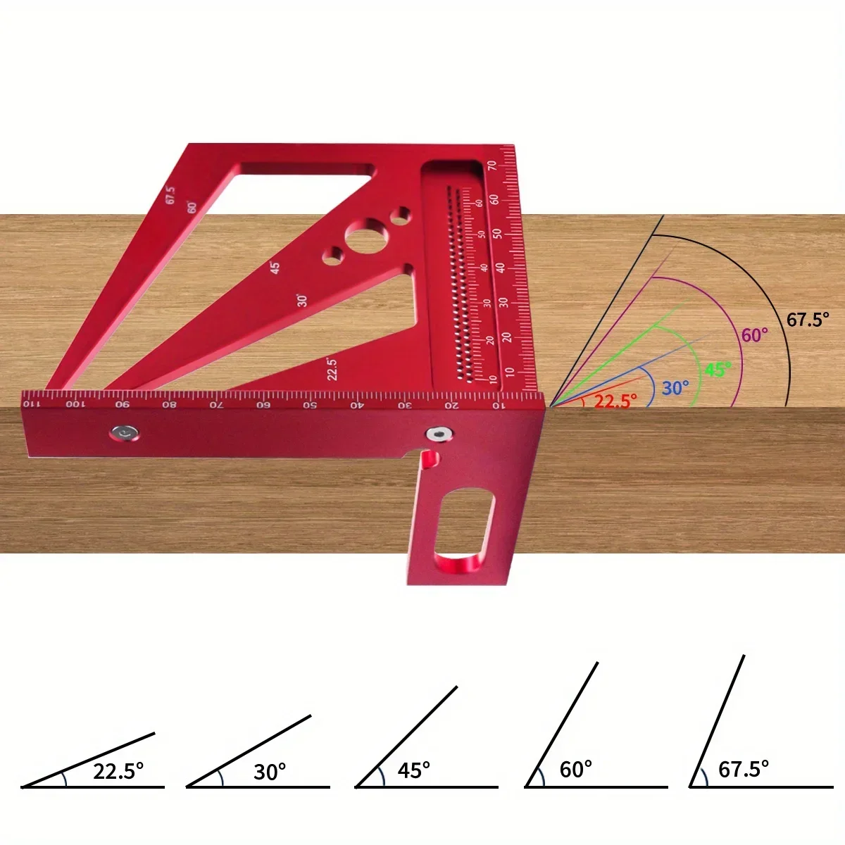 22.5/30/45/60/67.5/90 Degree Aluminum Alloy Square Ruler Protractor, Multi-Angle 3D Measuring Ruler, Engineer Carpenter Crafting