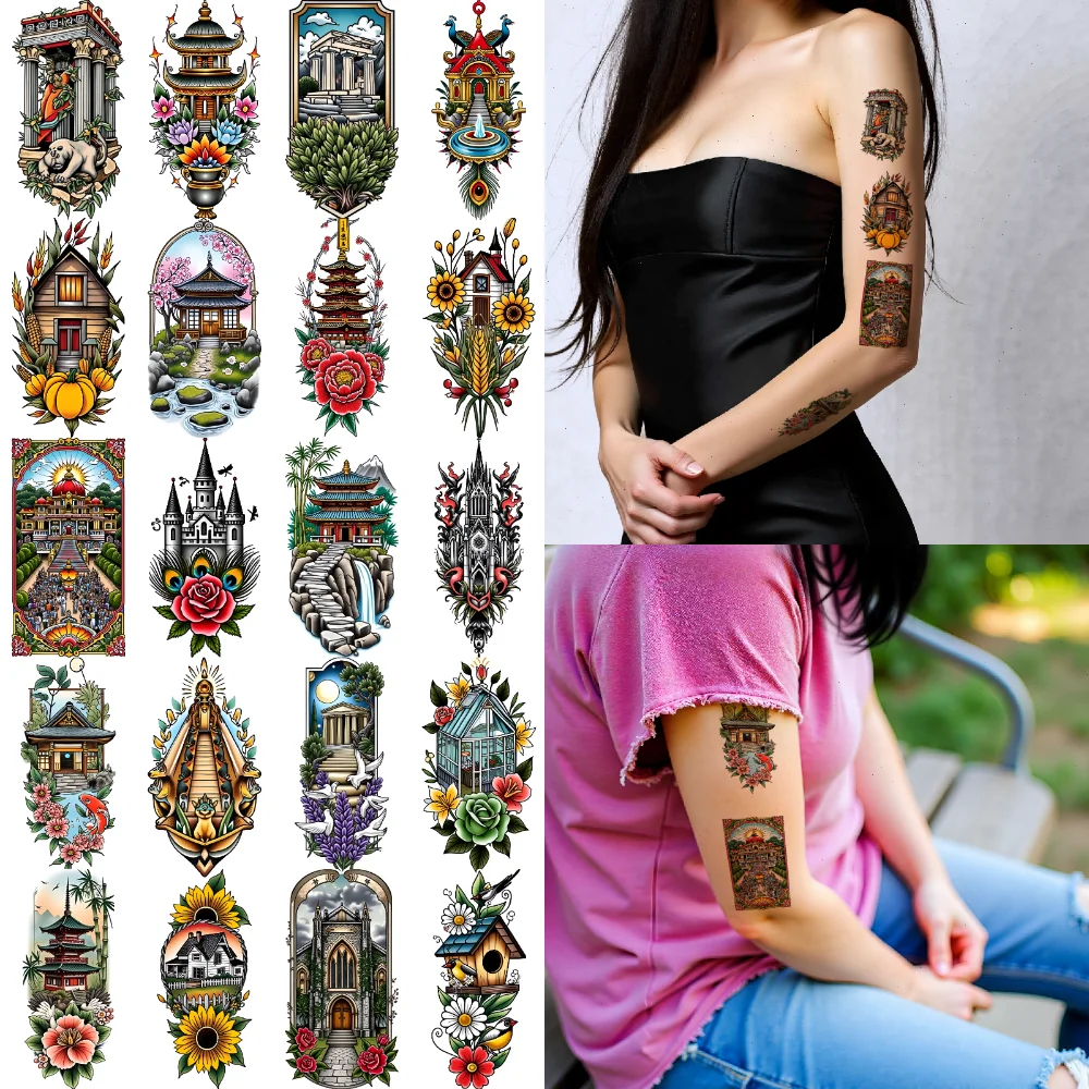 

28 шт., временные татуировки-бридж, водонепроницаемые долговечные наклейки для тела, замок-маяк, временные татуировки, наклейки для церкви