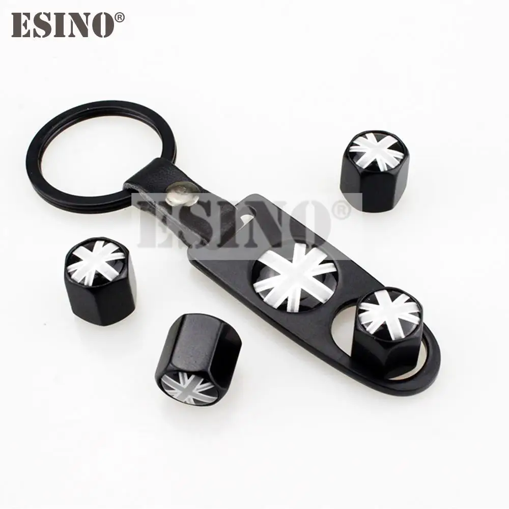 4 x Car Stainless Steel Zinc Alloy Wheel Tire Valve Stems Caps UK National Flag Universal With Mini Wrench Key Chain