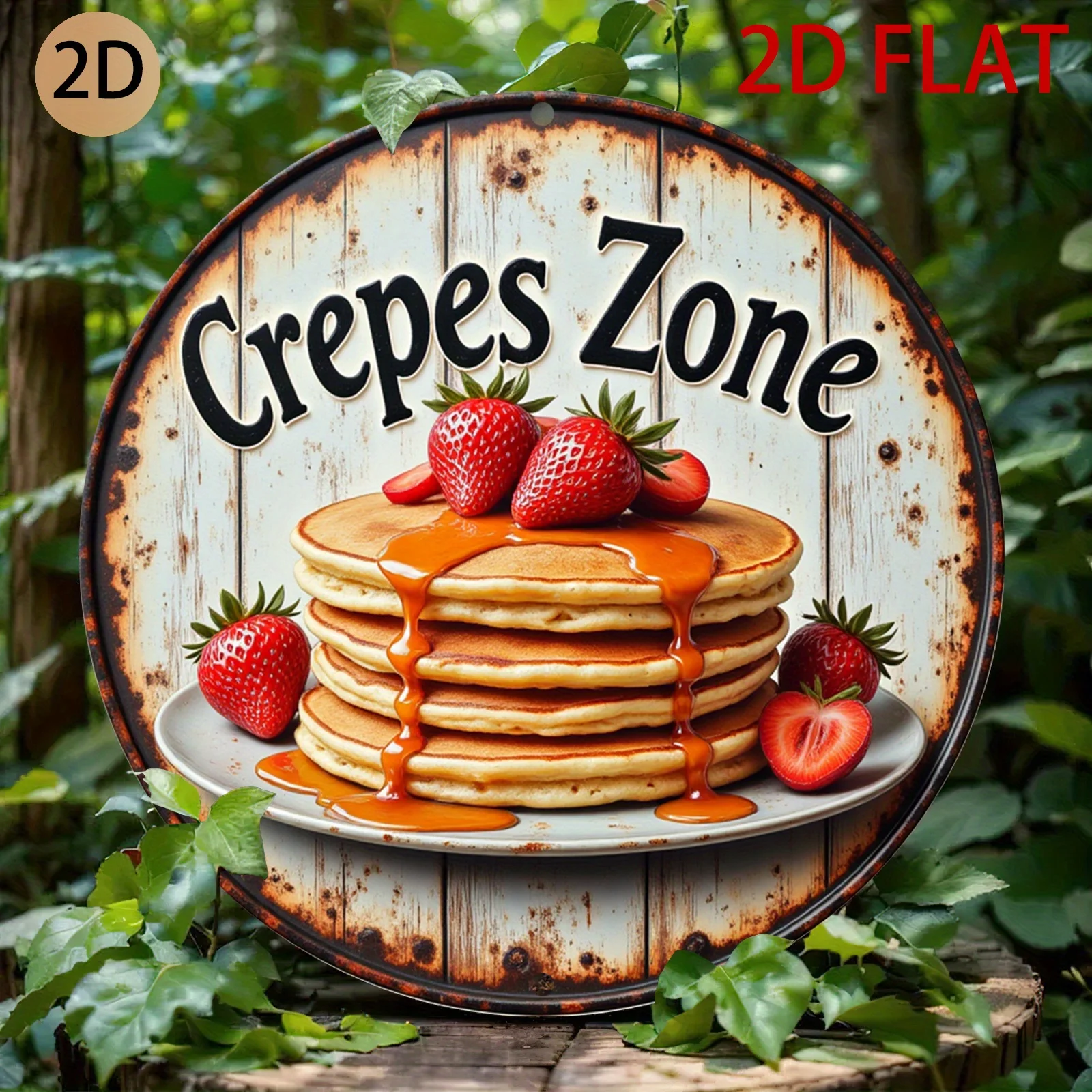 2D Flat - A Round Metal Sign with a Vintage, Rusty Look Featuring a Crepe Theme, Perfect for Decorating Kitchens, Diners, Or Des