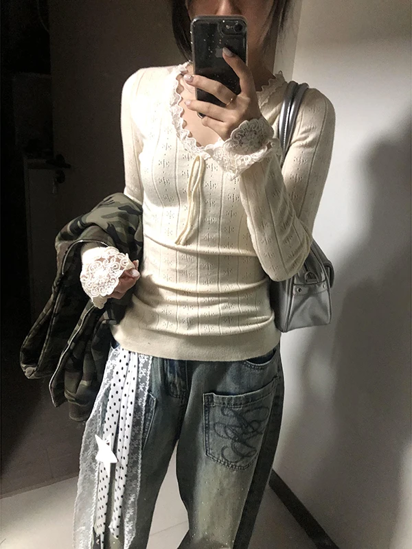 กางเกงยีนส์ทรงตรงขากว้างเอวสูงปักลายสไตล์อเมริกันย้อนยุคสำหรับผู้หญิง  คอลเลคชั่นฤดูใบไม้ร่วงและฤดูหนาว รุ่นใหม่ Sle PmORh Denim