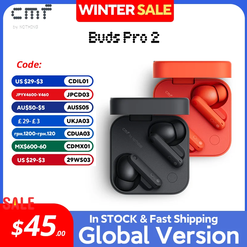 Global Verison CMF by Nothing Buds Pro 2 with 50 dB Hybrid Active Noise Cancellation 6 HD MICS IP55 Bluetooth 5.3 Buds Pro2