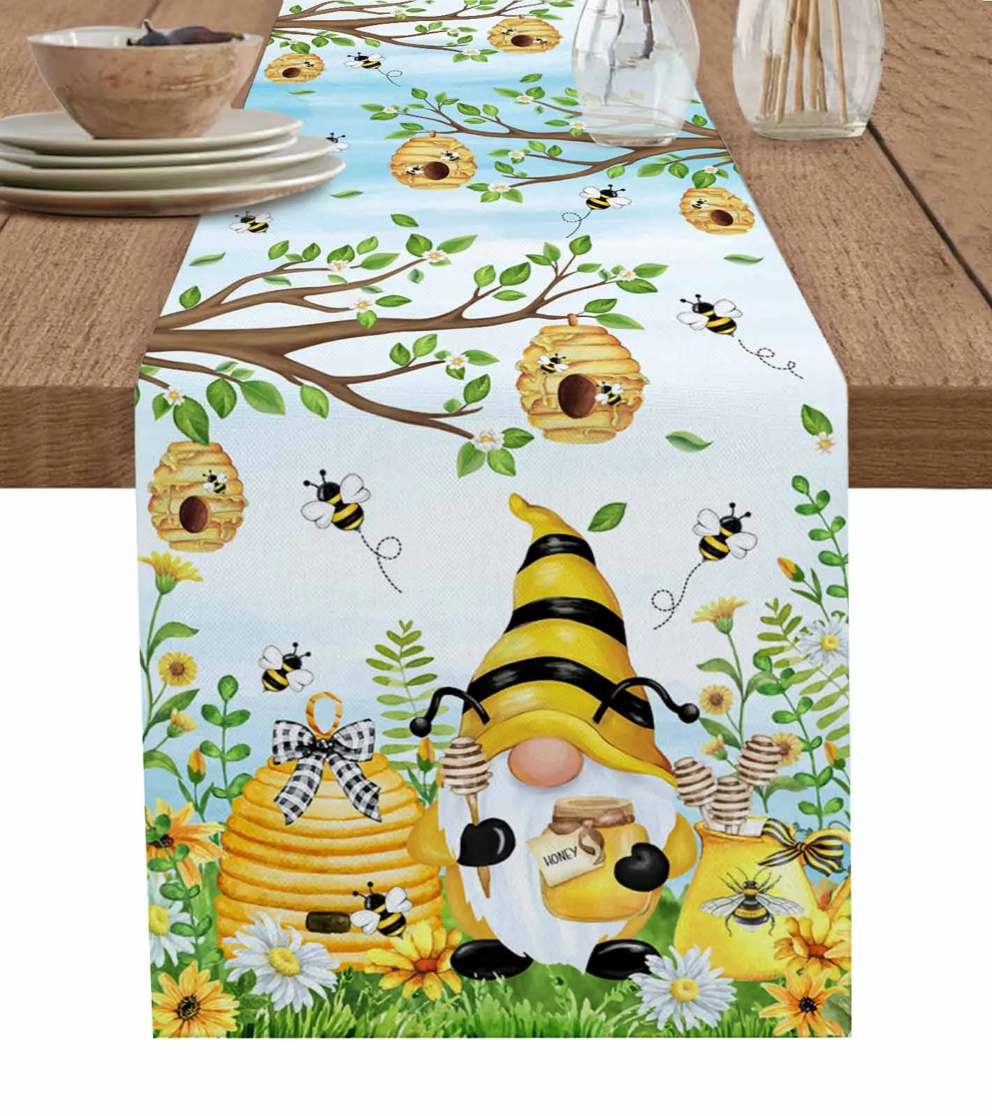 Watercolor Bee Dwarf Sunflower Daisy Branch Hive Table Runners for Dining Room Home Tablecloth 4/6 Pcs Placemats Table Cover