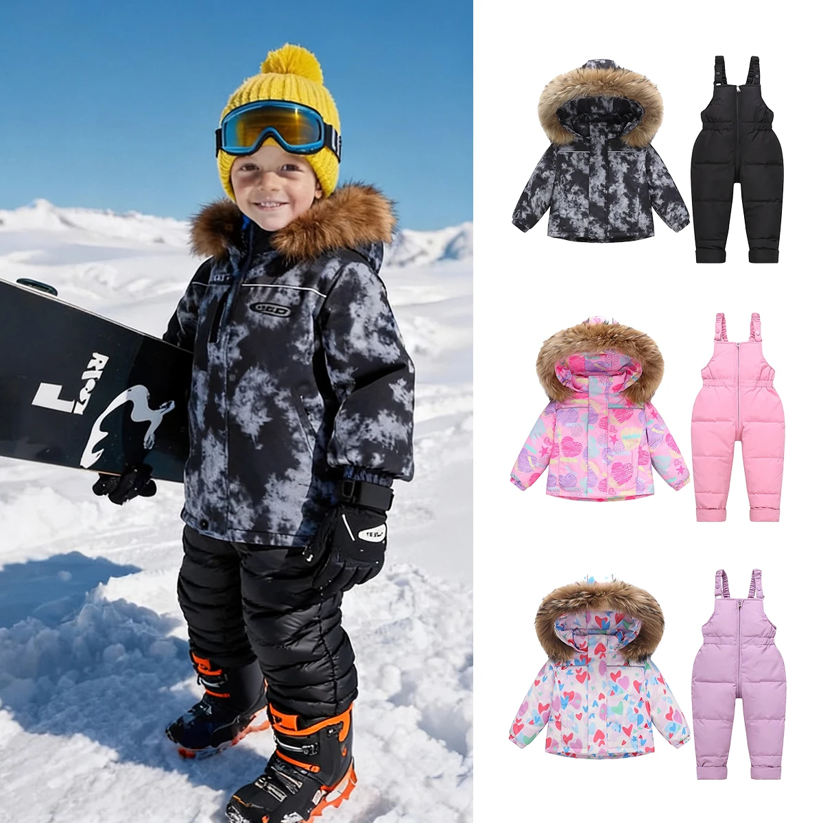 -30 Degree Boys Girls Ski Suits 2026 Winter Thickening Children Clothing Sets Winter Warm Pant Outdoor Sportwear Warm Overalls
