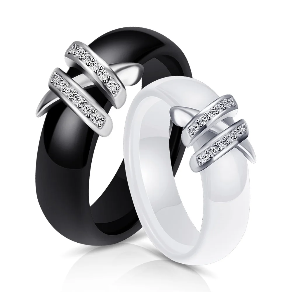 

New Fashion Arrival High Quality Black And White 6mm Simple Style Two Line Crystal Ziron Ceramic Rings For Women Jewelry Gift