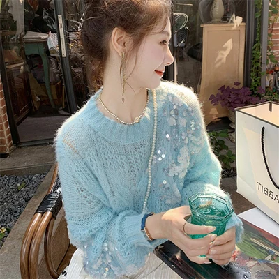 Autumn and Winter Fashion Pink Sequin Sweater Women's Design Sense Small Man Gentle Hollow Seahorse Hair Knitted Blouse