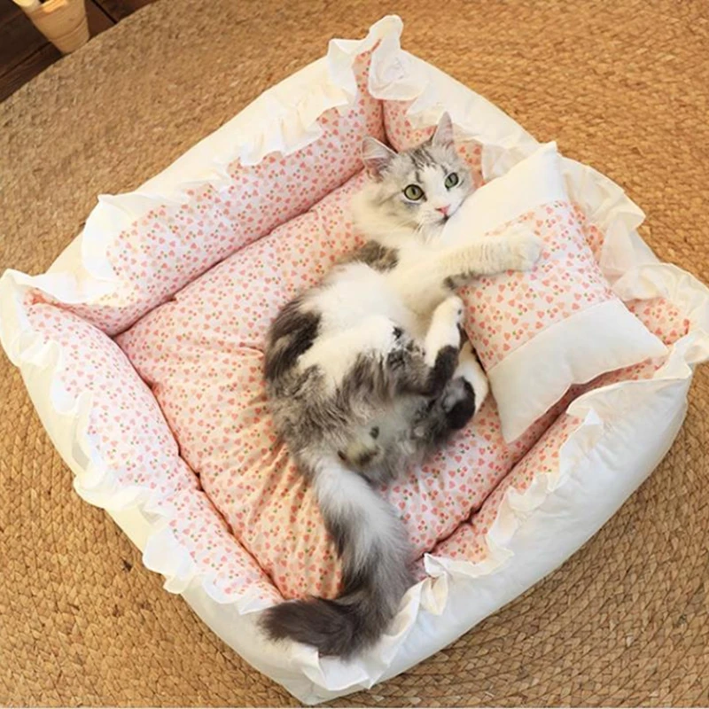 Pet Dog Lace Bed Cat Bed Cute Puppy Square Sleeping Cushion Bed Cat Sofa Warming Dog Nest with Pillow Washable Pet Bed S~L