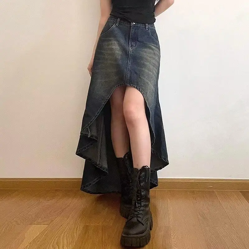 Saia jeans linha A de cintura alta feminina, saia midi irregular, roupas vintage Y2k, tamanho grande, estilo rua, moda verão