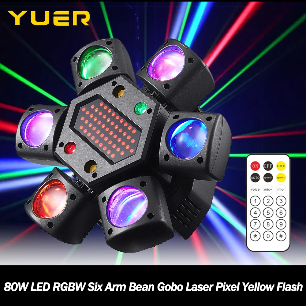 

80W LED RGBW Six Arm Moving head Light Bean Gobo Laser Pixel Yellow Flash effect DMX512 Remote control For DJ Disco Party Club