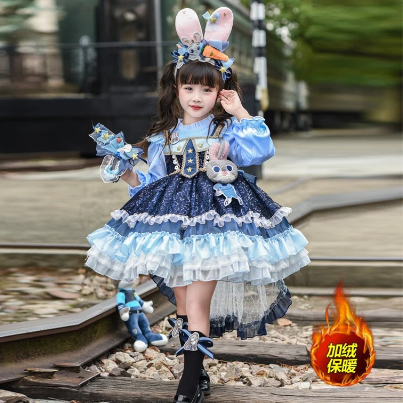 

Judy Hops Girls Winter Dress 2025, Rabbit Police Plush Lolita Gown for Kids Princess Party Wear