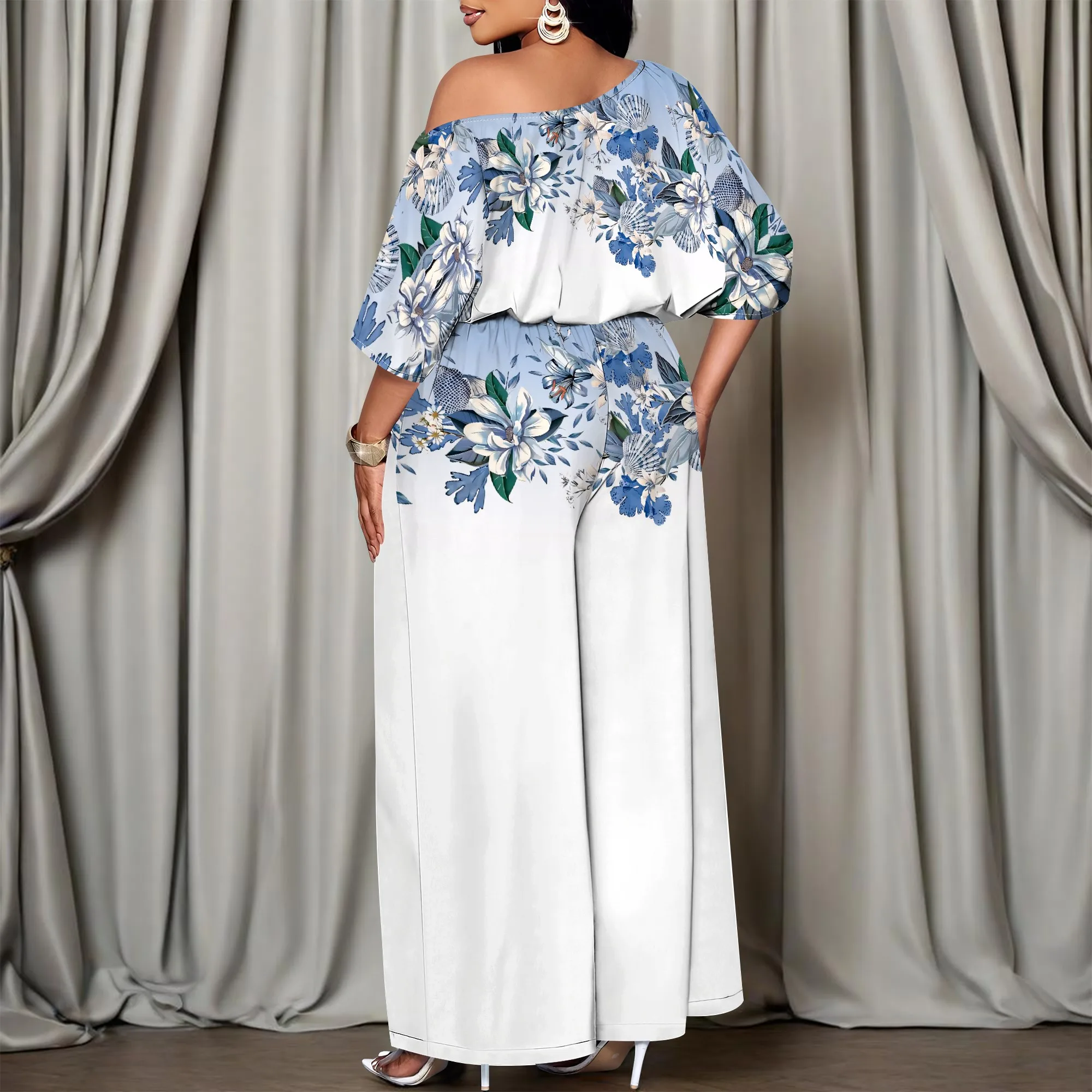 Women's Floral Off Shoulder Maxi Dress Long Sleeve White Blue Casual Party