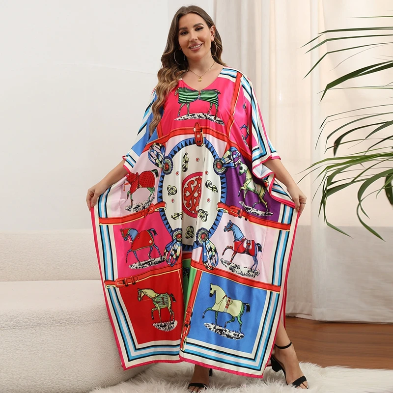 

Horse Print Scarf Women Dress Loose Oversized Kaftan Wrap Long Tunic Pink Pattern Luxury Caftan Hanky Shawl Batwing Robe CoverUp