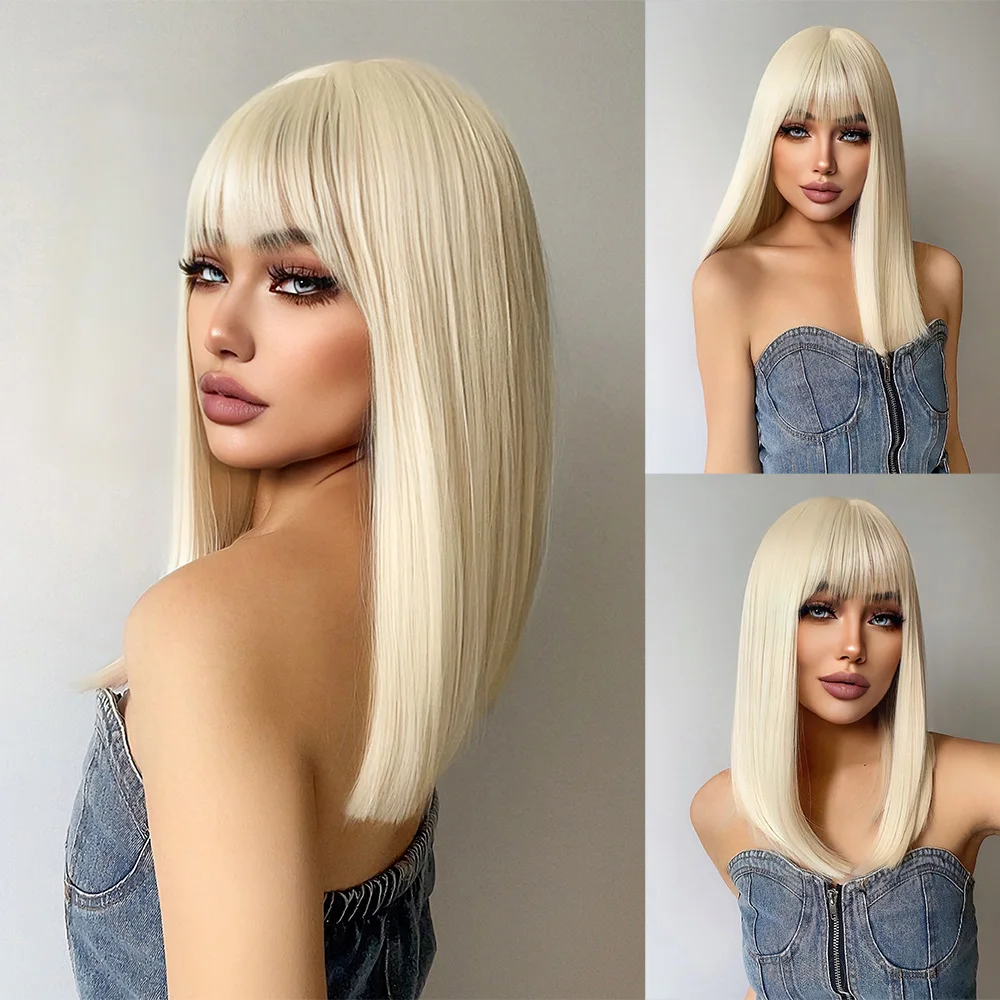 18-calowe platynowe blond peruki syntetyczne z grzywką długie naturalne proste włosy peruka dla kobiet codziennego użytku na imprezę Cosplay żaroodporne