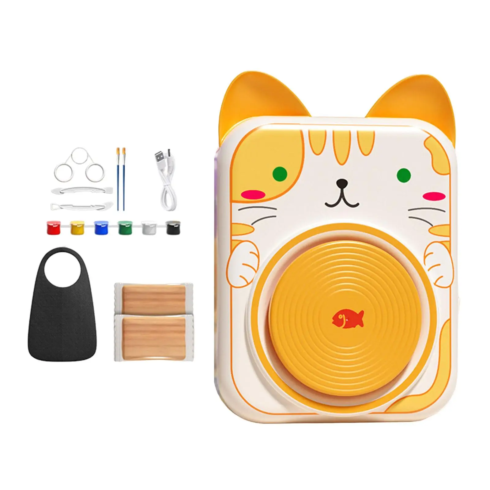 Mini Kids Pottery Wheel Modeling Painting Kit Apronlll DIY Clay Maker Electric Sculpting Tools for Desktop Crafting Projects