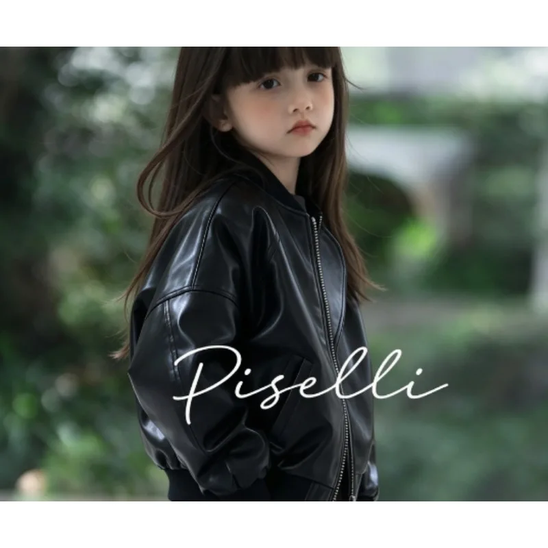 Girls' coat Spring and Autumn 2026 black and brown zipper New Fashionable Short Leather Autumn Clothing