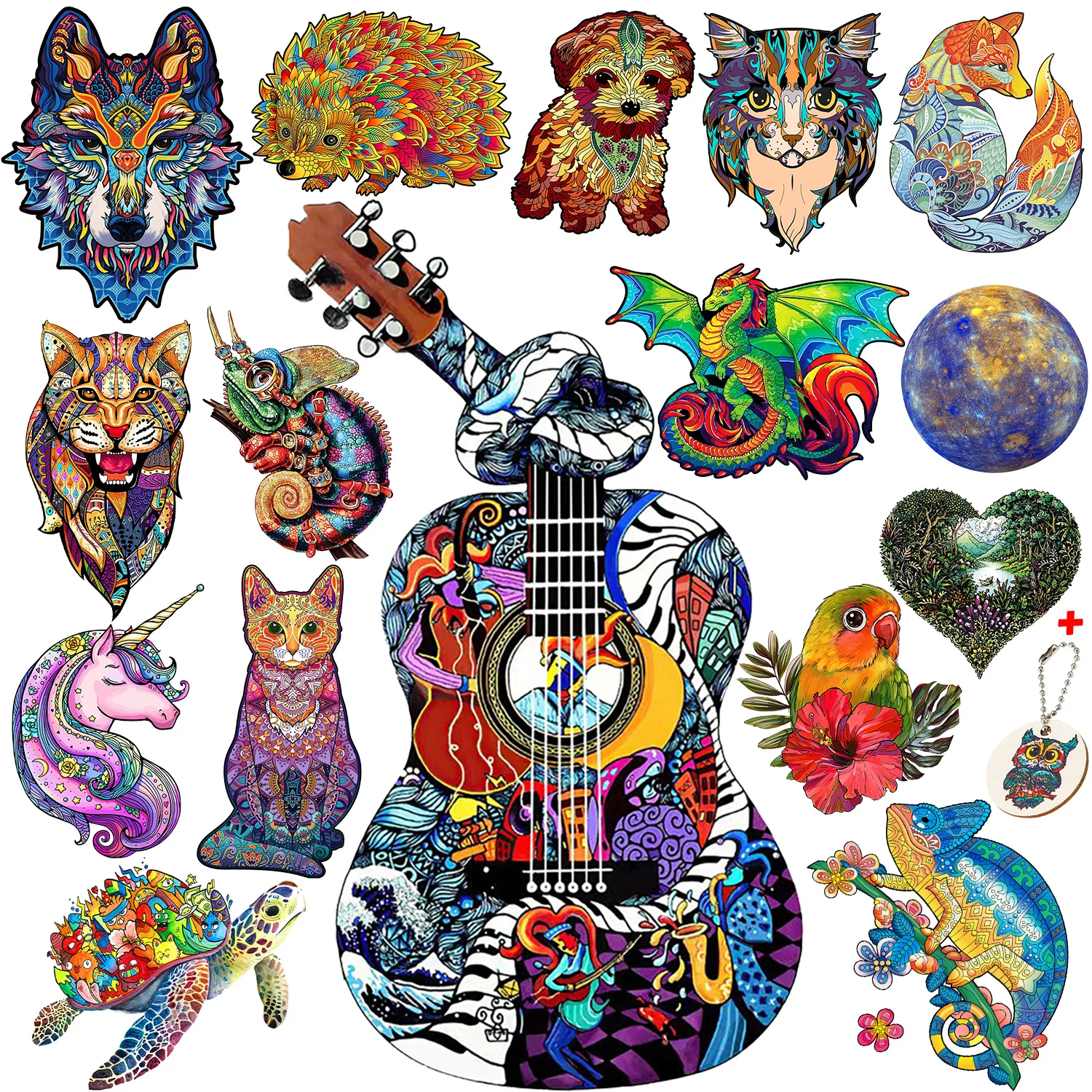 

Animal Wooden Puzzles Guitar Jigsaw For Adults Intellectual Exercise Games Educational Toys For Kids Adults Parent-Child Game