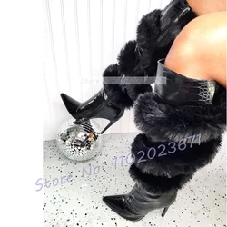 Fur Wrap Crocodile High Boots Women Winter Warm Leather Pointy High Heels Shoes Sexy Ladies Side-zip Stylish Knee High Boots