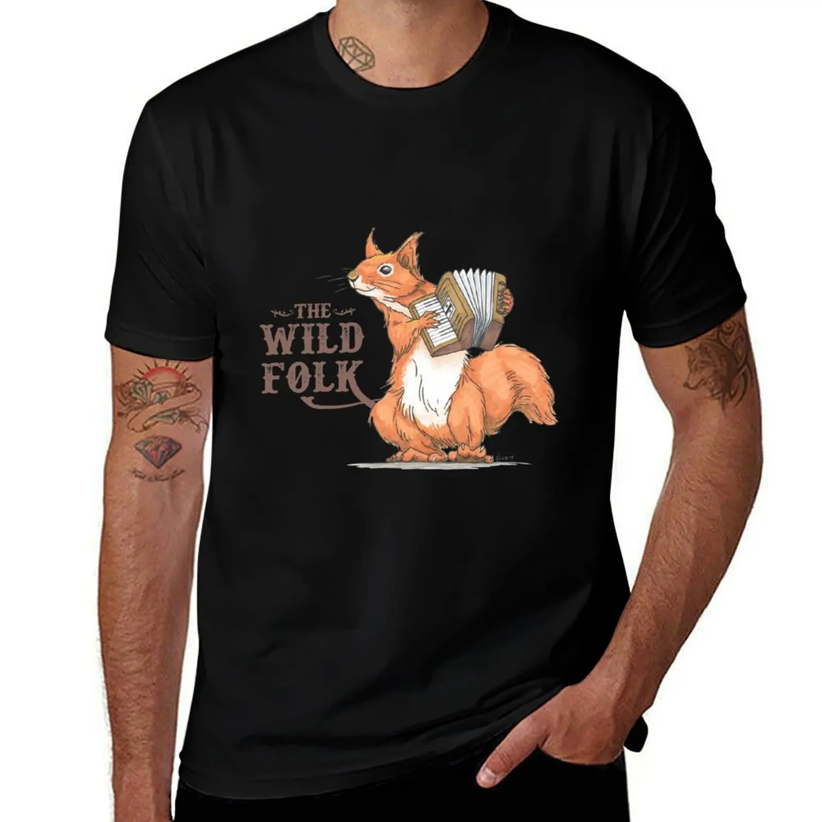 The Wild Folk - Squirrel on Accordion T-Shirt Minimalist Plain Crew Neck T-Shirt
