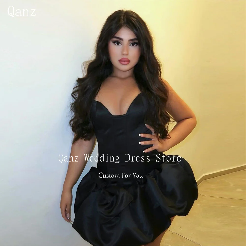 

Qanz Black Satin Prom Dresses Sweetheart A Line Pretty Short Party Dress With Bow Vestidos Para Eventos Especiales Customized