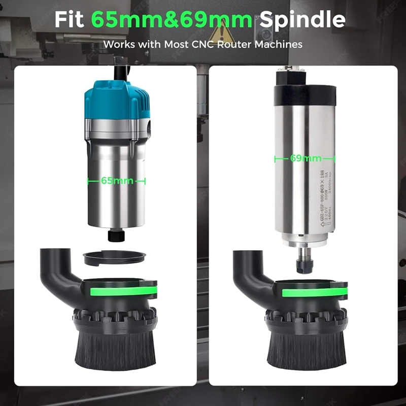 

65mm & 69mm Diameter Dust Shoe for CNC Router Machine, Compatible, Dual Brush Lengths, Hose Diameter 38mm (1.5inch)-A27R