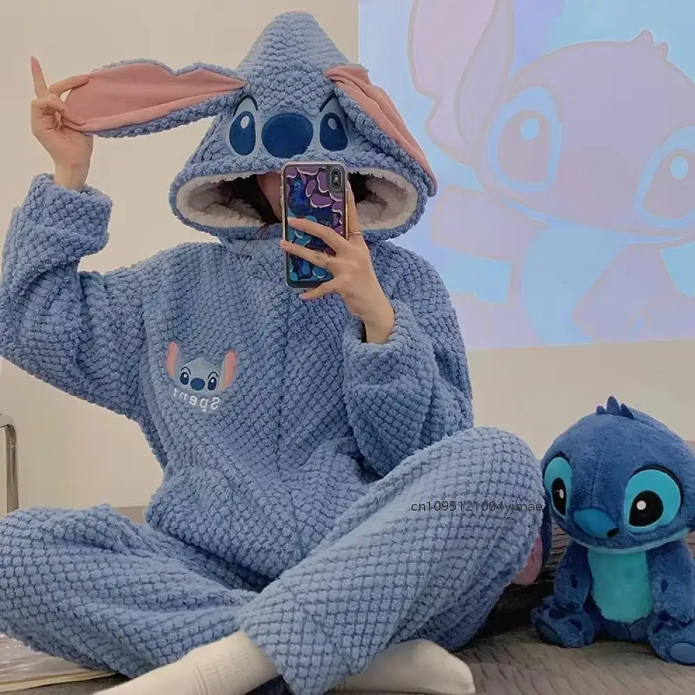 

2Pcs Cartoon Girls Pajamas Winter Cotton Plush Hooded Long-Sleeved Trousers Casual Stitch Fashion Cute Loungewear Women's Pajama