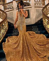 Gold Diamonds Long Prom Dress Full Back Luxury Beads Crystals Sequins Mermaid Birthday Wedding Party Gown Customized