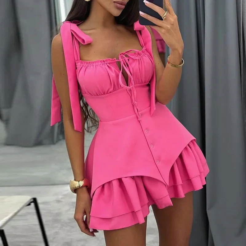 

Summer Temperament Party Dresses Women Bowknot Leace-up Single Breasted Irregular Short Dress Lady Spaghetti Strap Mini Vestidos