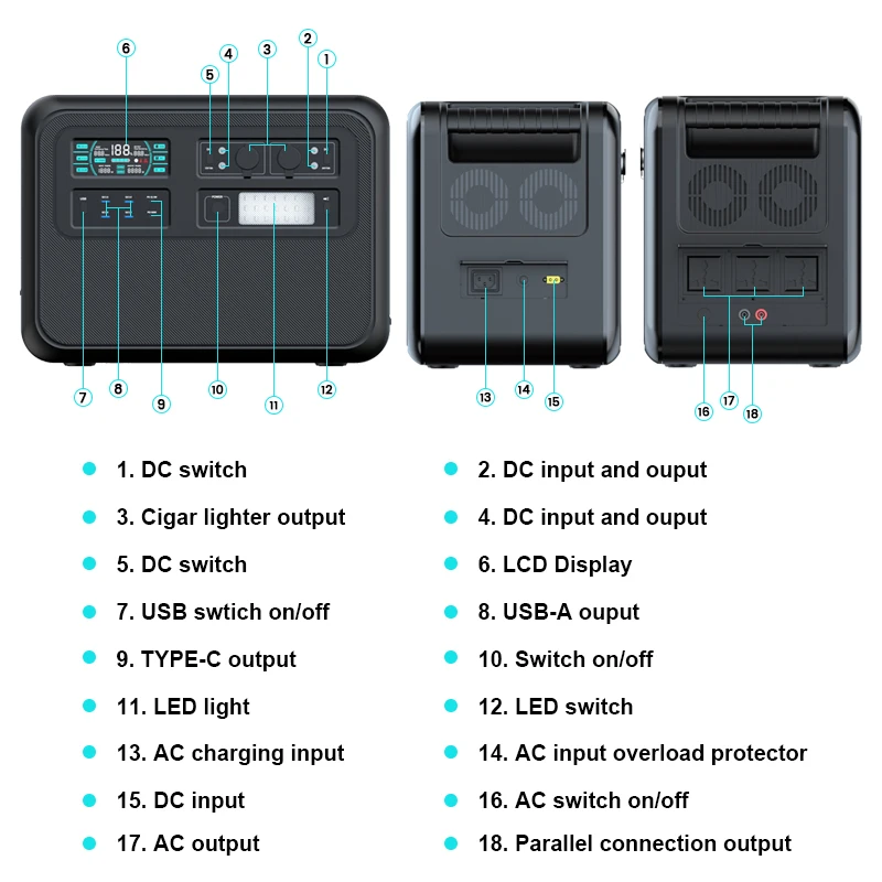 2400w Portale Power Station Lifepo4 Battery 640000mAh Capacity Pure Sine Wave Emergency Energy UPS Function 220V-230V AC Outlets