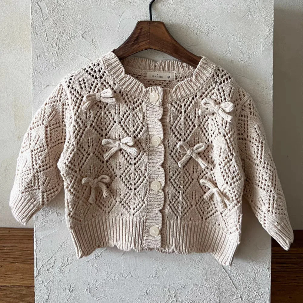 

Korean Hollowed Out Knitted Jacket Bow and Lace Round Neck Girls Baby Spring and Autumn Casual Three-dimensional Cardigan